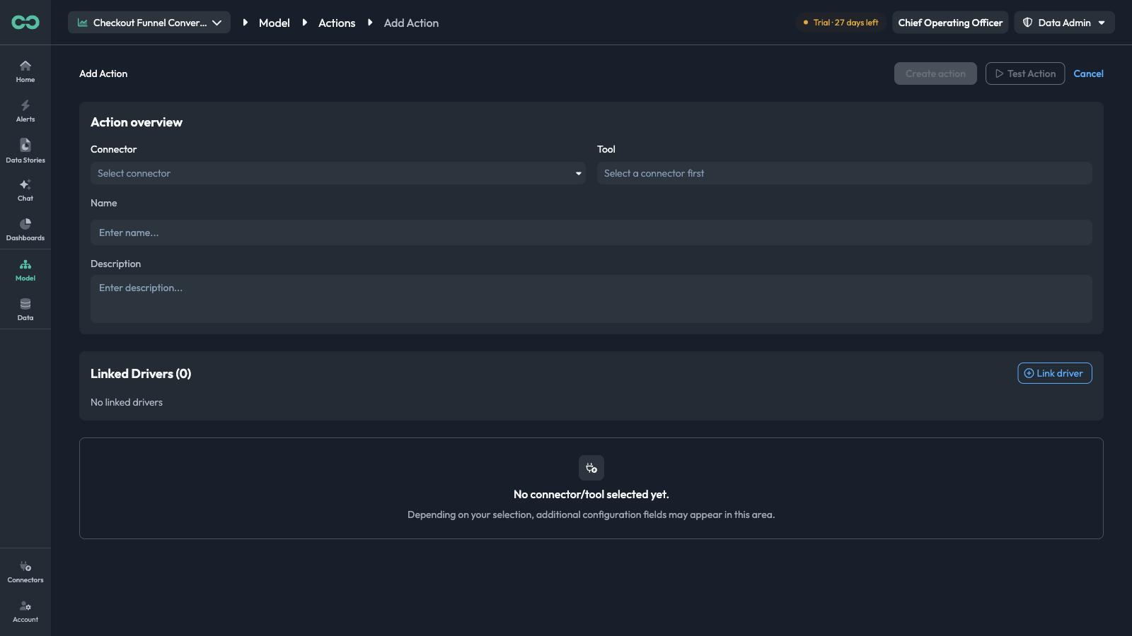The Add Action page before a connector is chosen
