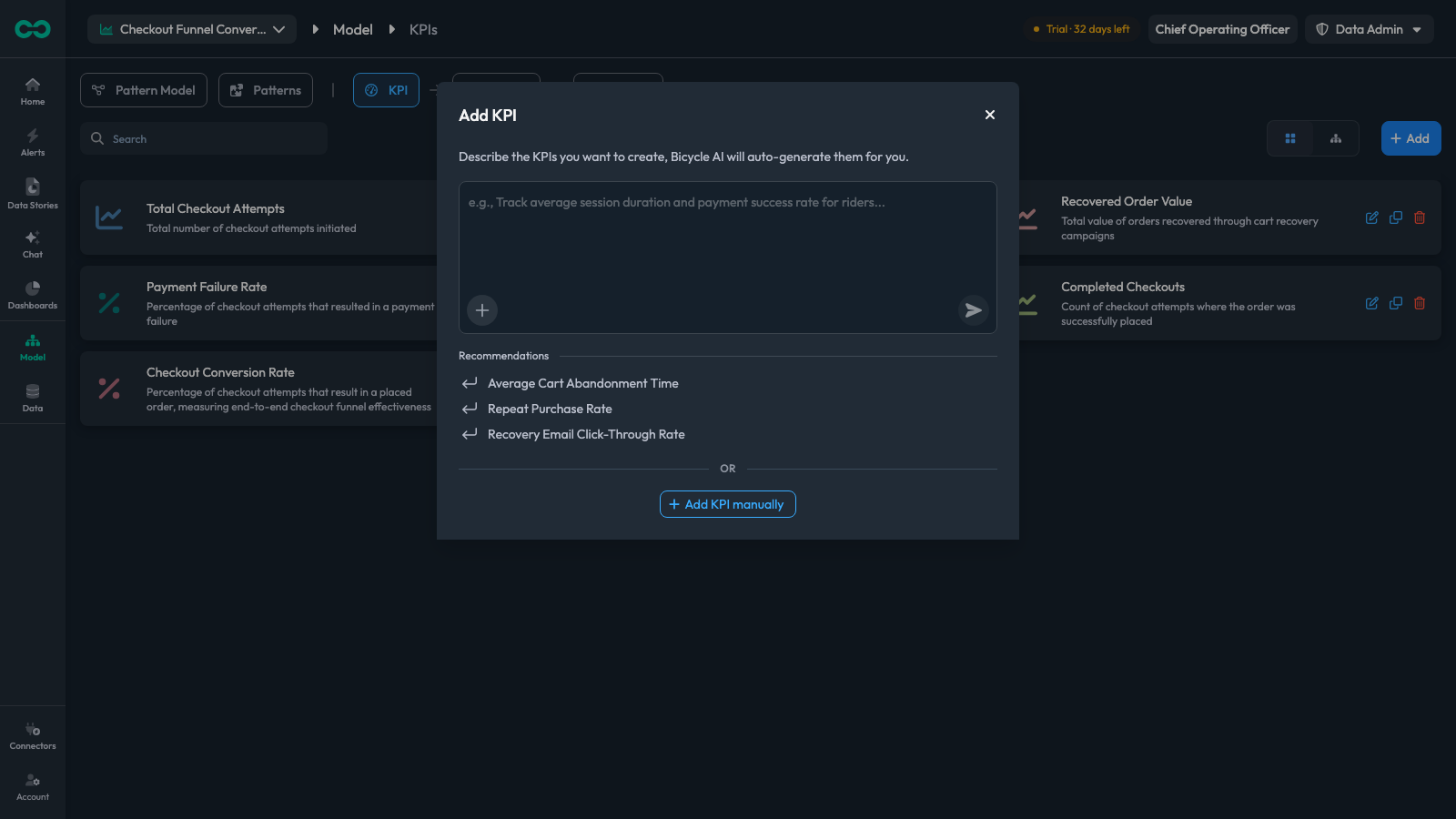 The Add KPI modal, with a prompt box above the Add KPI manually button
