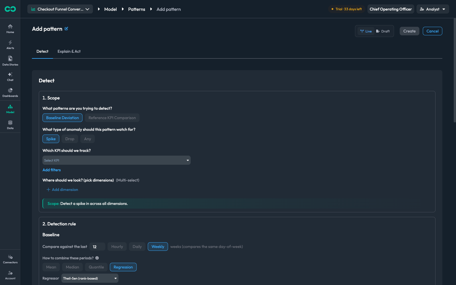 The Add pattern screen with its default settings