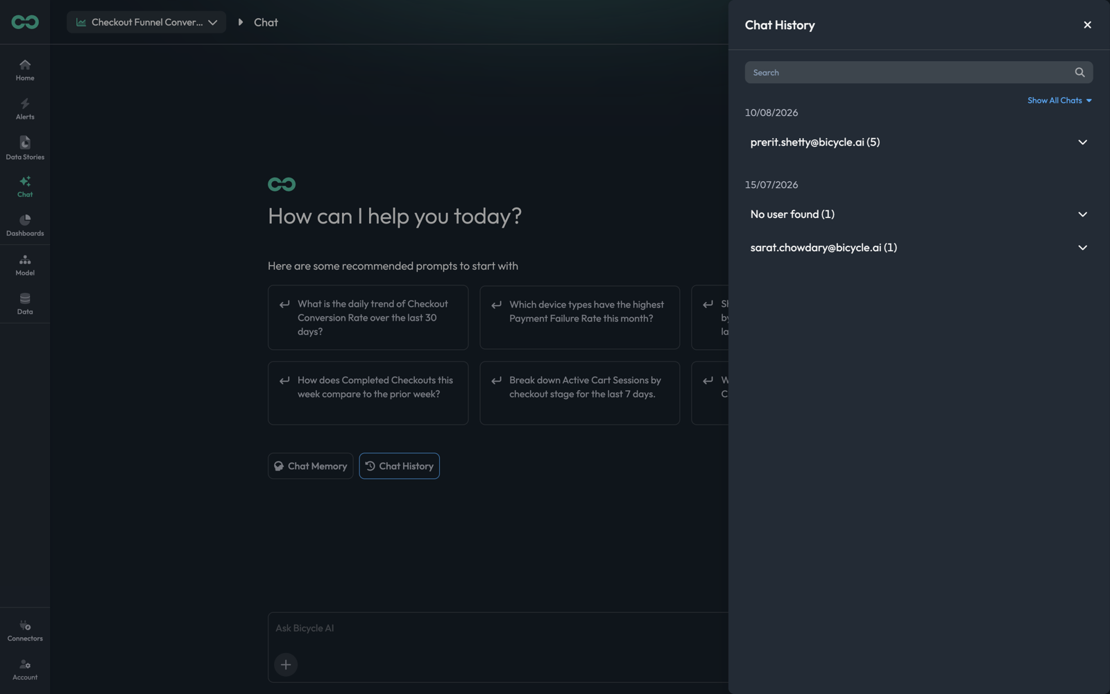 The Chat History panel grouped by date and user