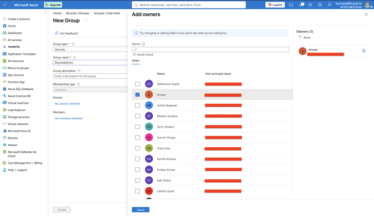 Create BicycleAdmins security group
