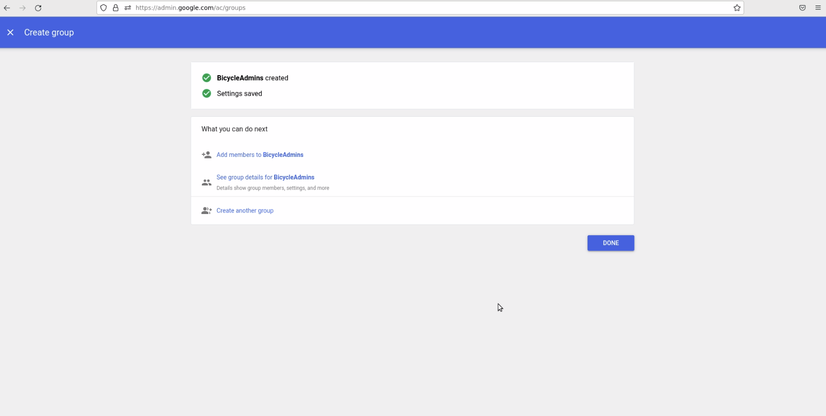 Enter BicycleAdmins group name and email