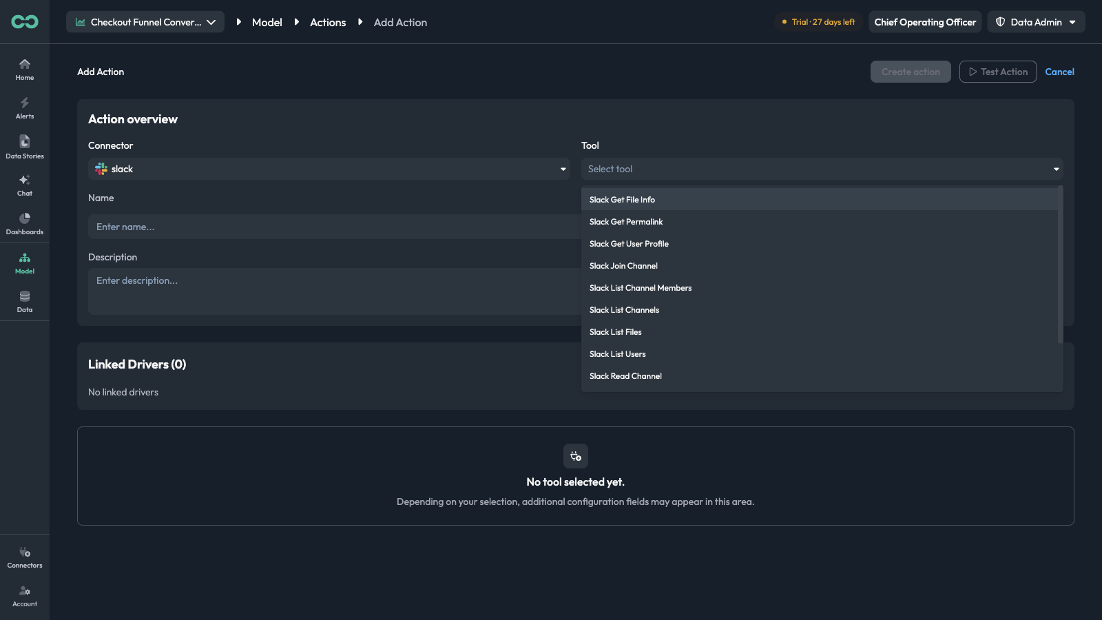 The Tool dropdown listing the operations a Slack connection exposes