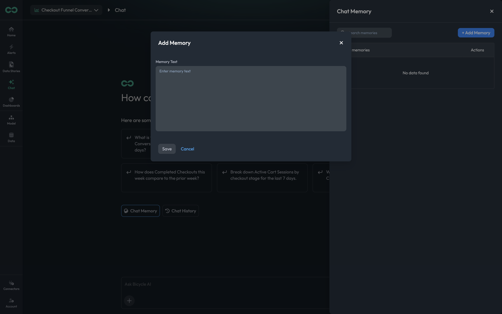 The Add Memory modal with a free-text memory field