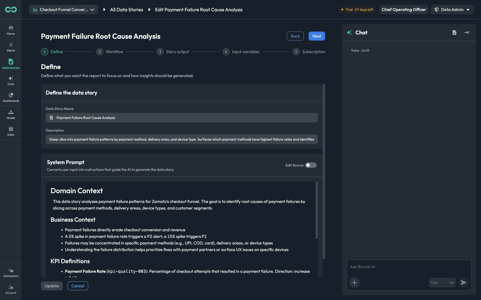 The Define step with the system prompt rendered