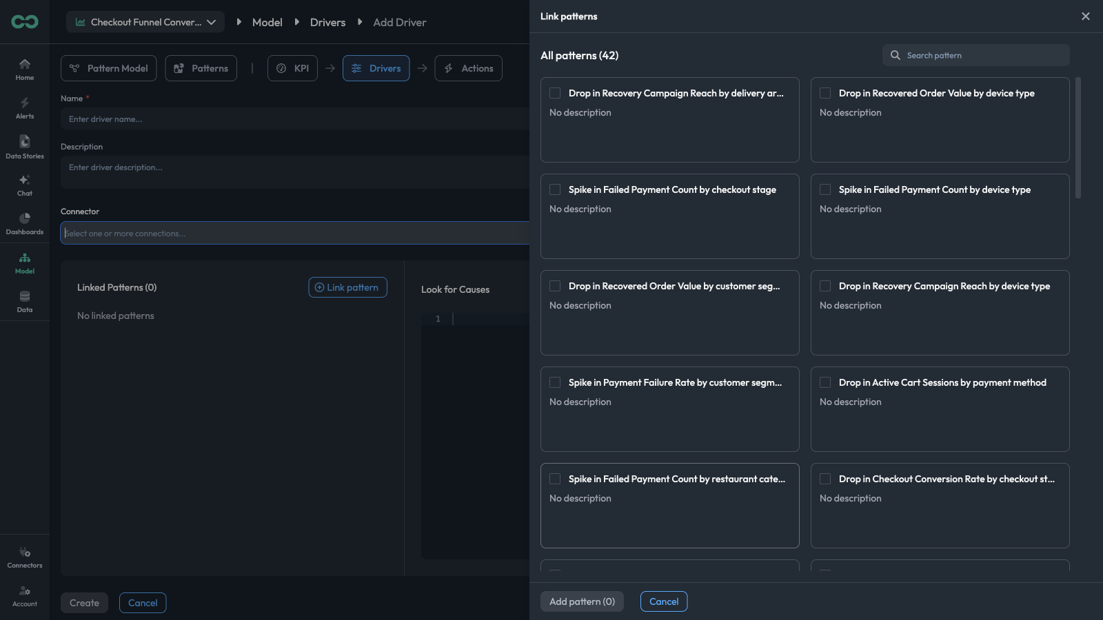 The Link patterns panel with searchable pattern cards