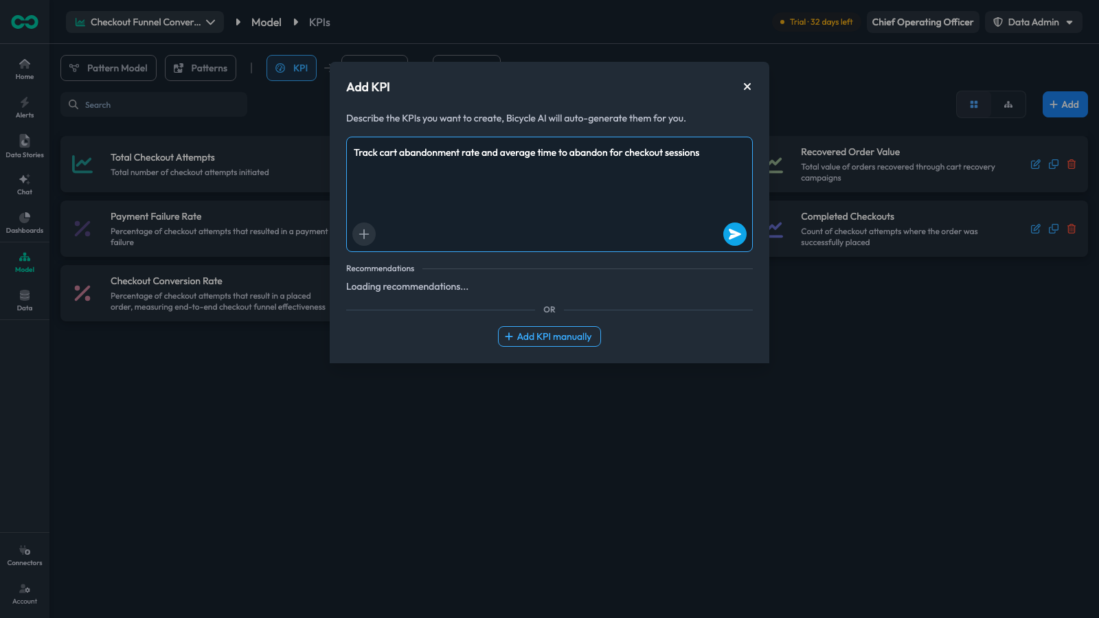 The Add KPI modal with a prompt typed and the send button enabled