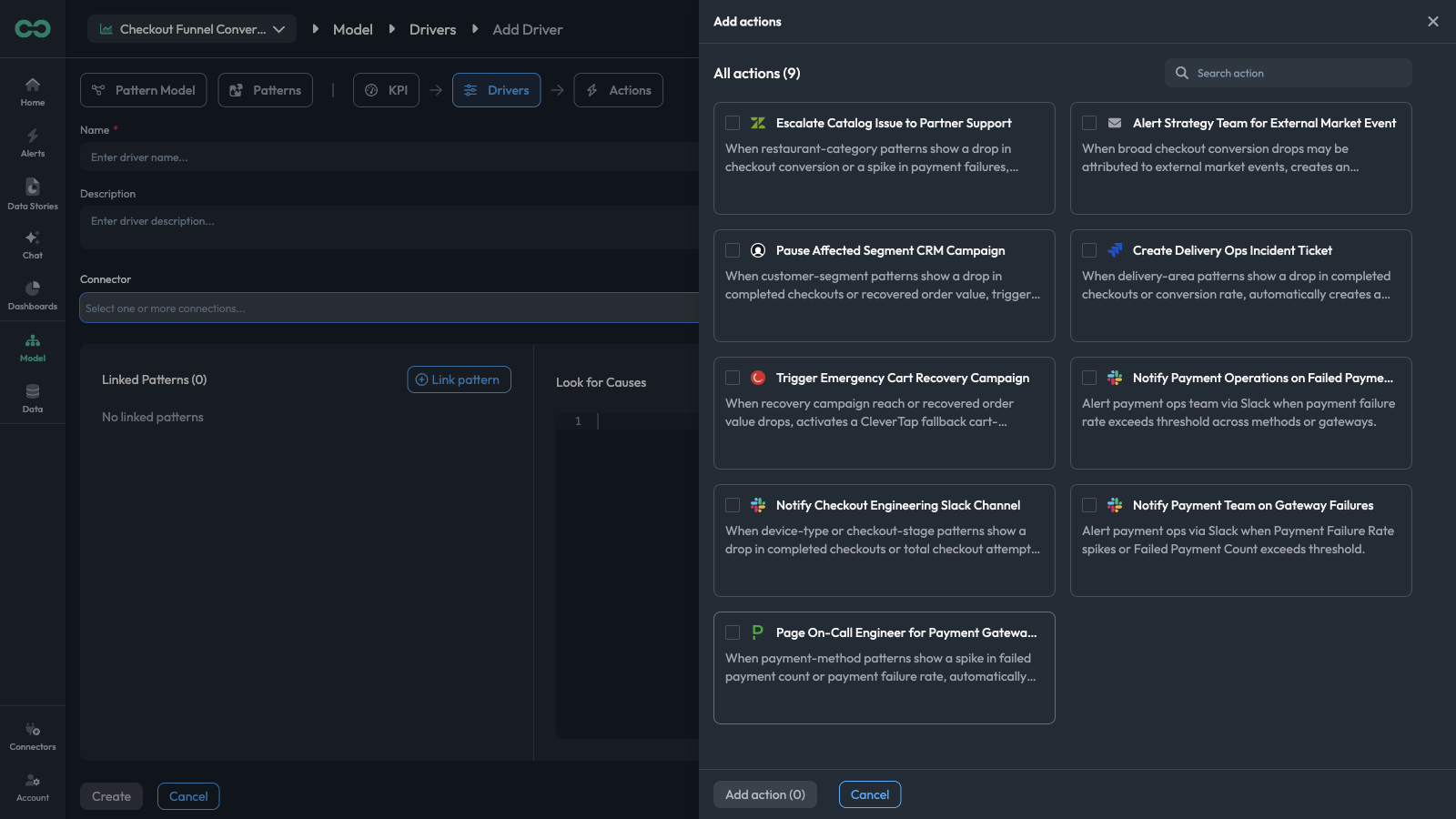 The Add actions panel listing the action catalog