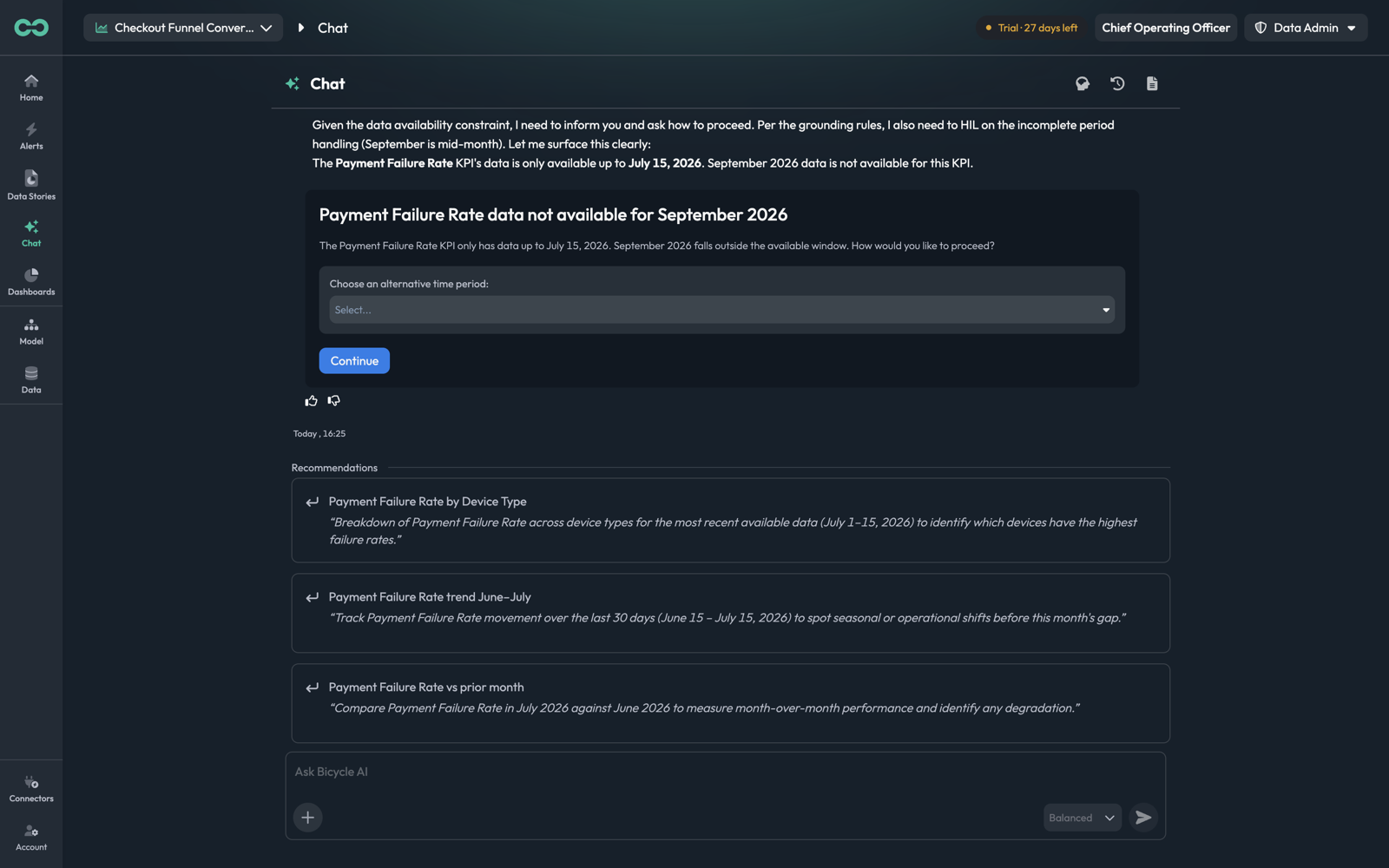 The agent surfacing a data-availability limit and offering alternatives