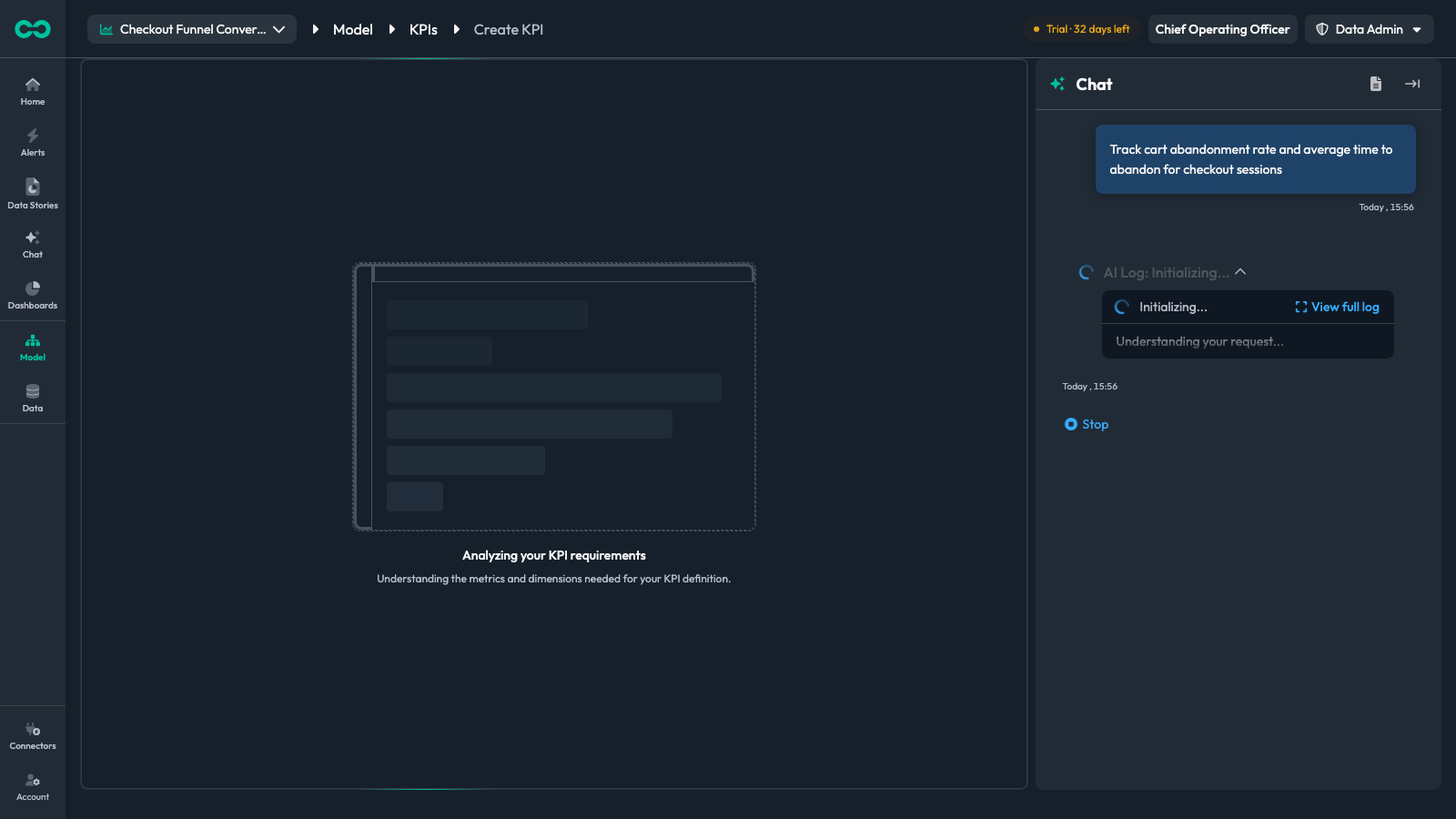 The Create KPI page while the agent works, showing the loader and the chat panel