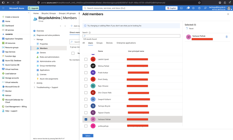 Select users for BicycleAdmins