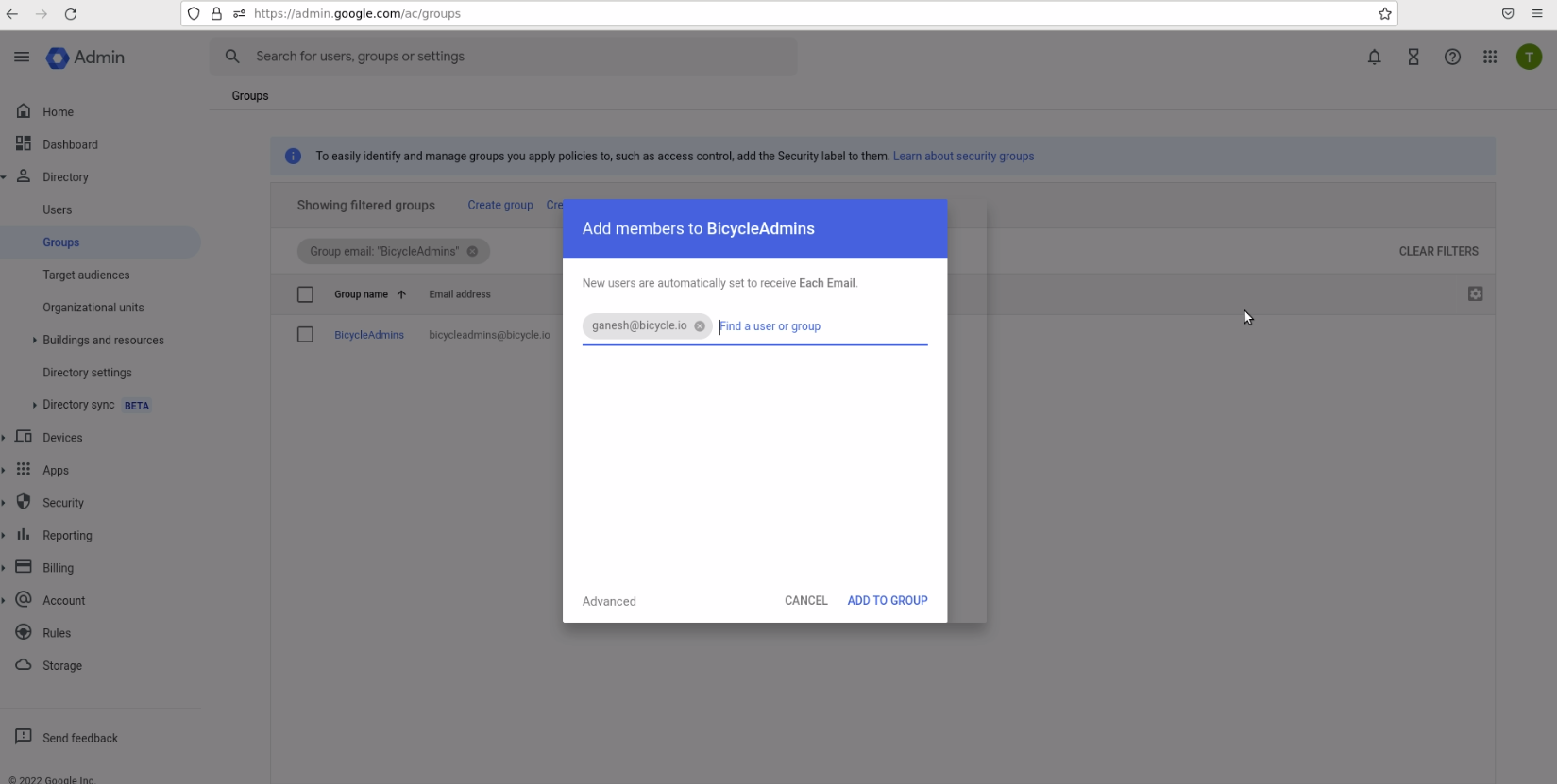 Select the BicycleAdmins group