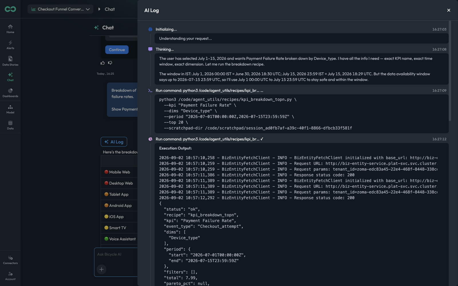 The AI Log drawer showing thinking, commands, and execution output