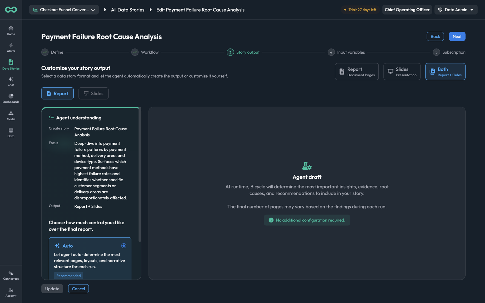 The Story output step with format and control options
