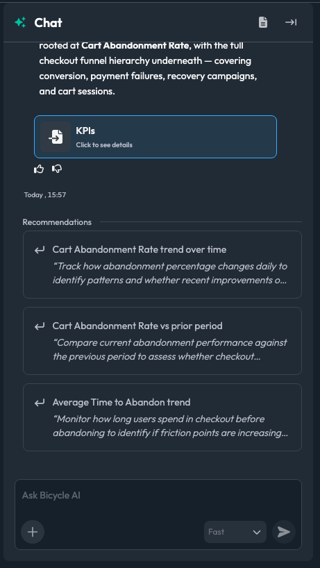 The chat panel showing the KPIs artifact card and follow-up recommendations