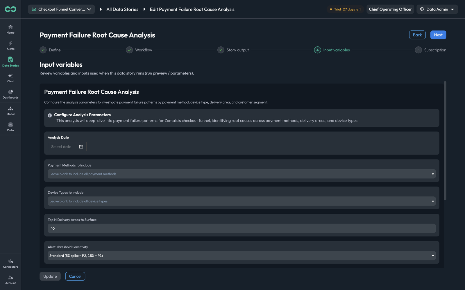 The Input variables step with the story's parameters