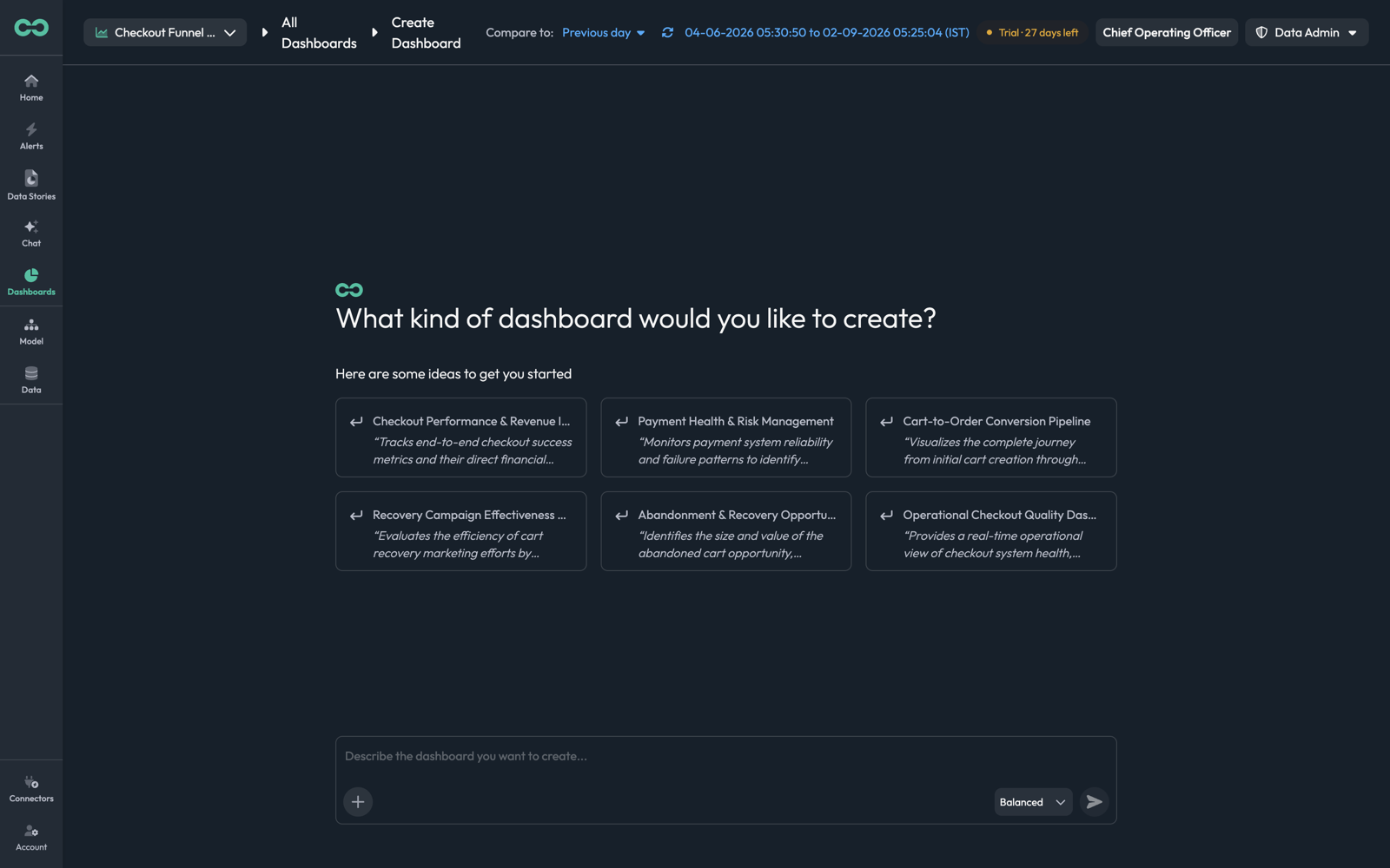 The Create Dashboard prompt page with suggested dashboard ideas