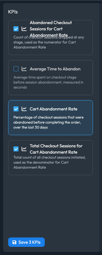 The KPI cards with one deselected and the button reading Save 3 KPIs