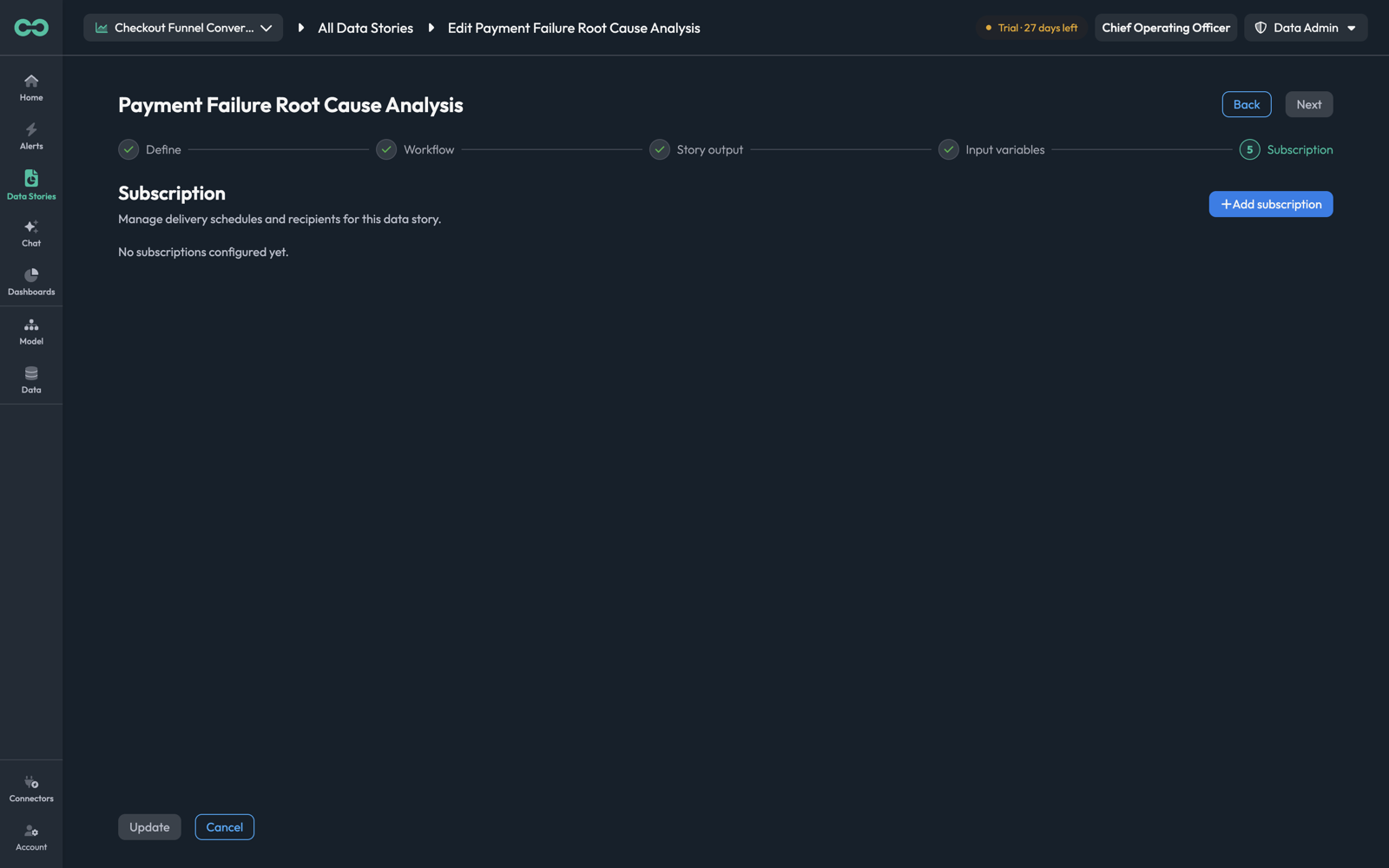 The Subscription step with no schedules configured