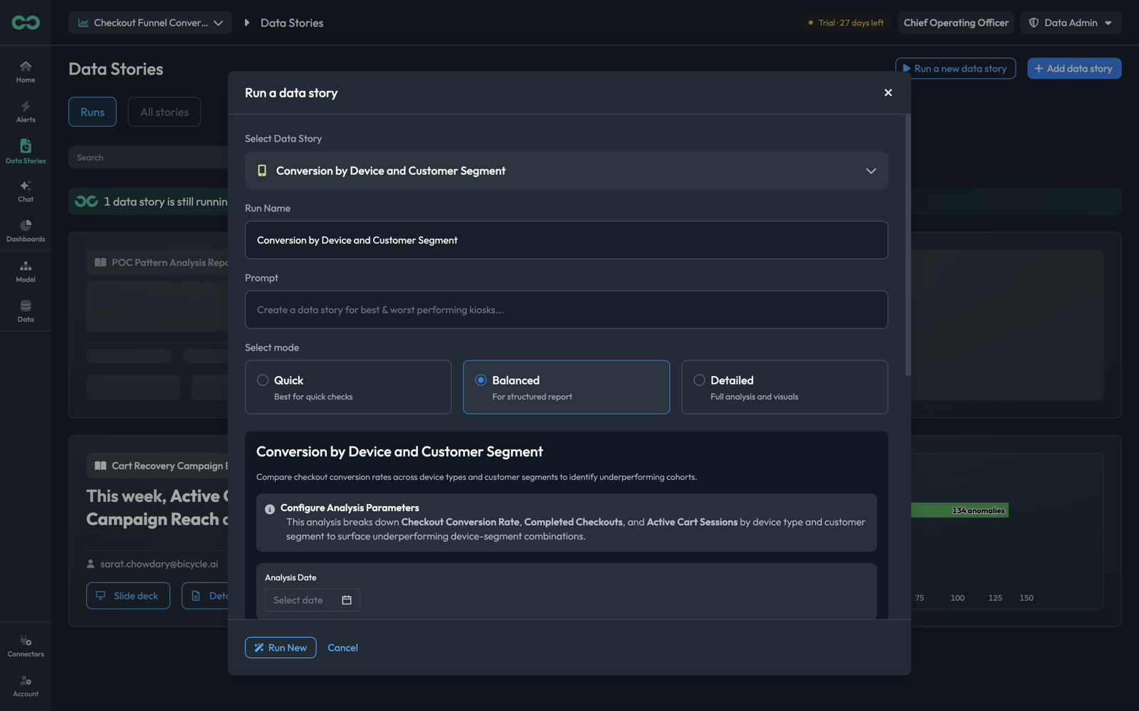 The Run a data story dialog