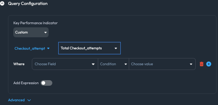 A configured KPI with an event type, a count measure, and a rendered live preview
