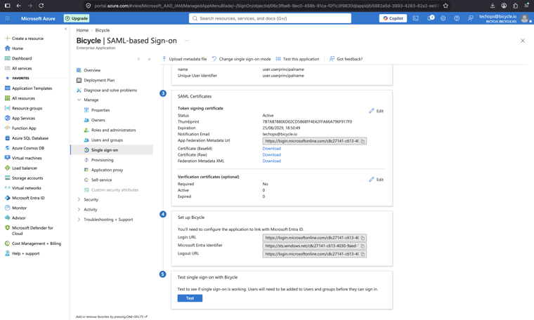 SAML certificates and Set up Bicycle section with artefacts