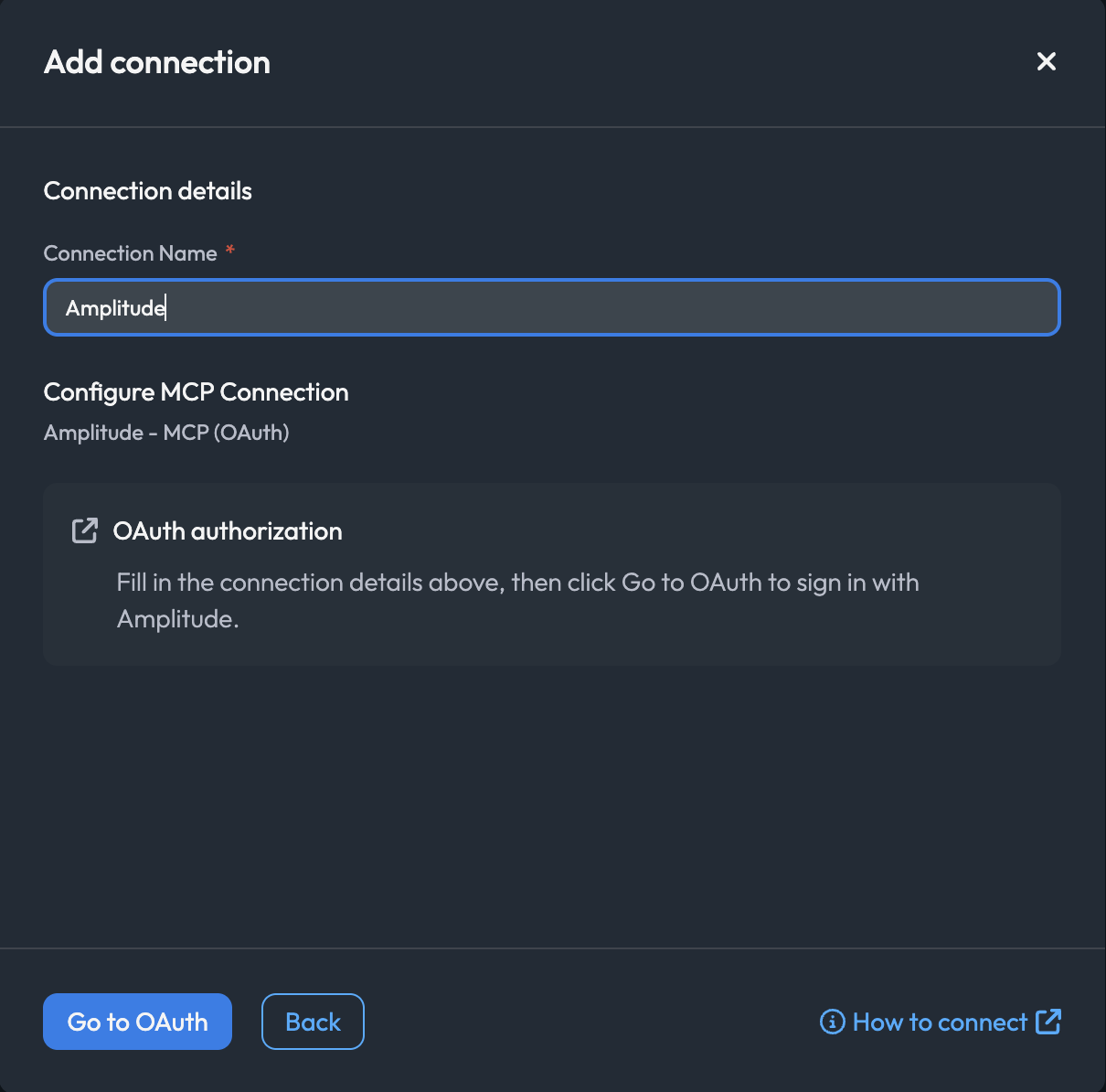 Configure MCP Connection step for Amplitude, with the connection name filled in and the OAuth authorization panel