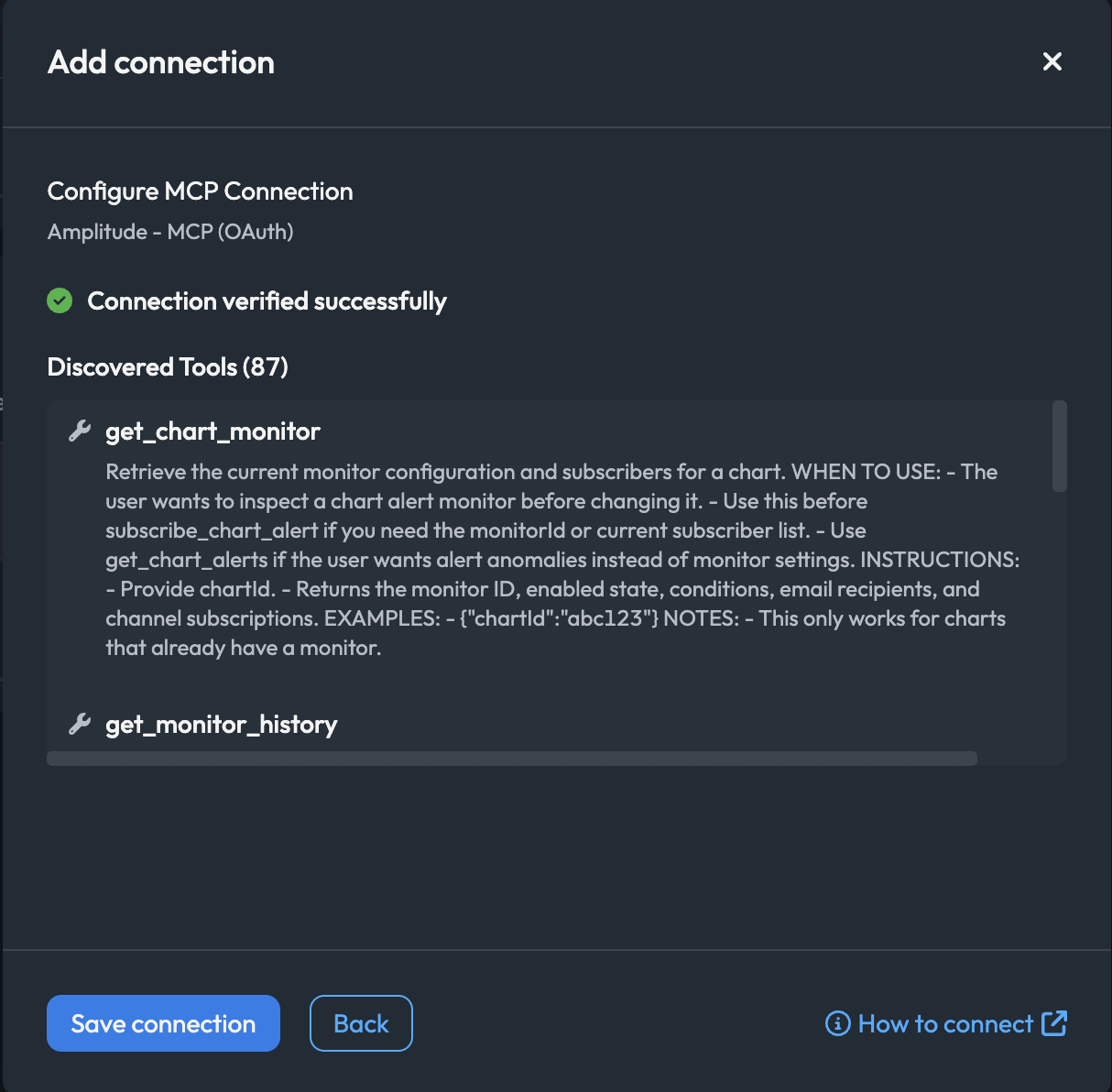 Connection verified successfully, with the list of discovered Amplitude MCP tools