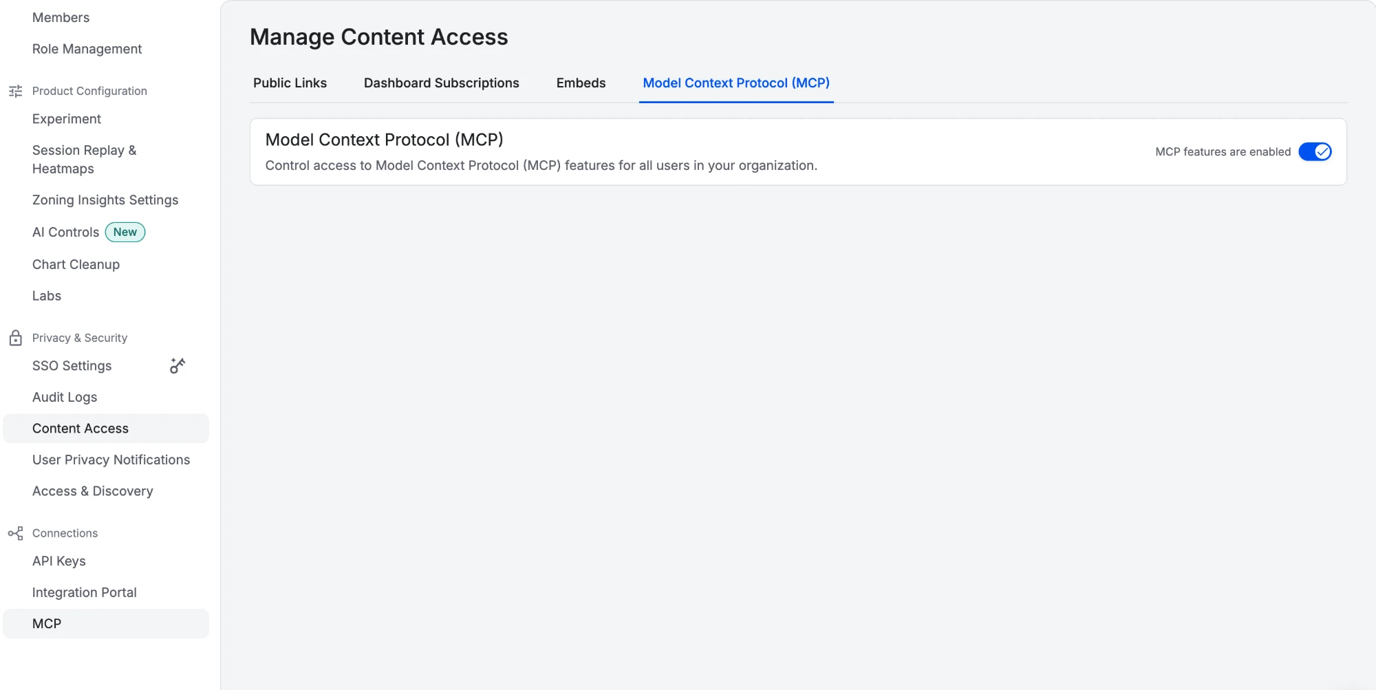 Model Context Protocol tab on Amplitude's Manage Content Access page, with MCP features enabled
