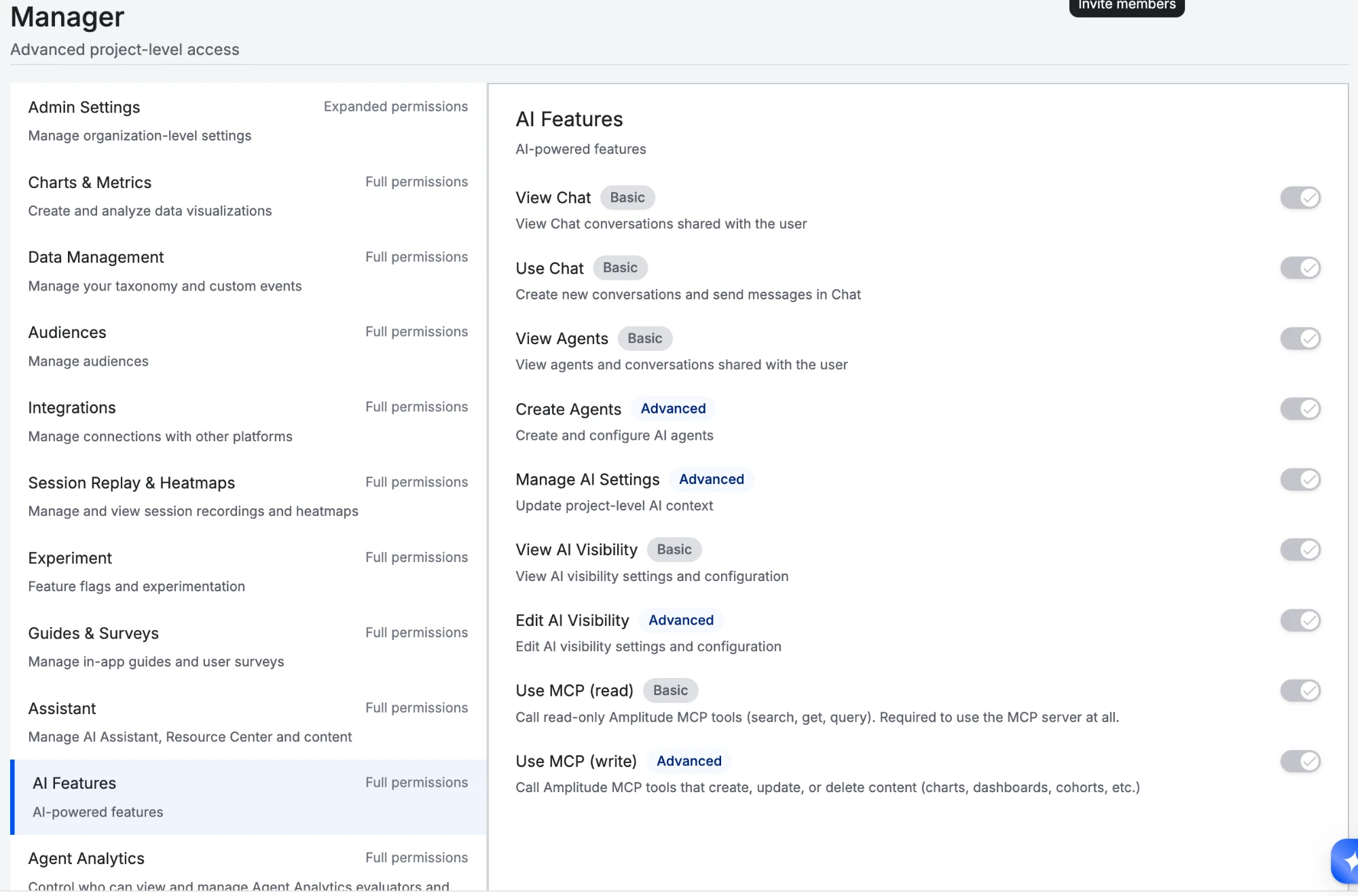 AI Features category in Amplitude Role Management, showing the Use MCP (read) and Use MCP (write) toggles