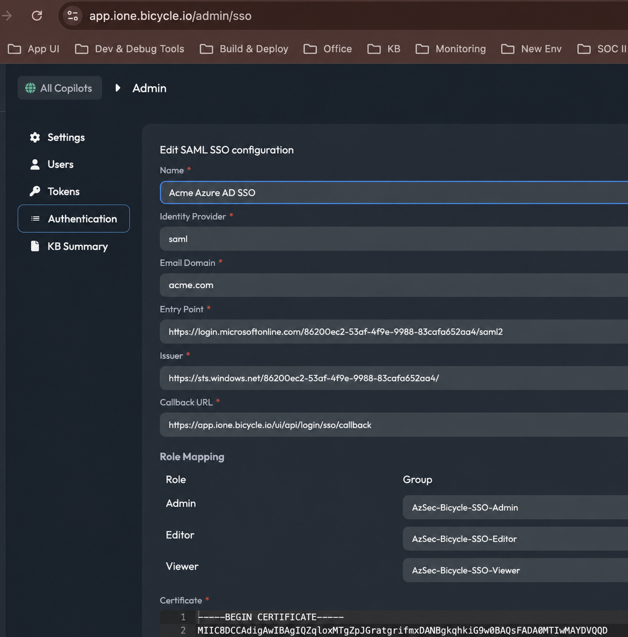 Example SAML SSO configuration in Bicycle Admin