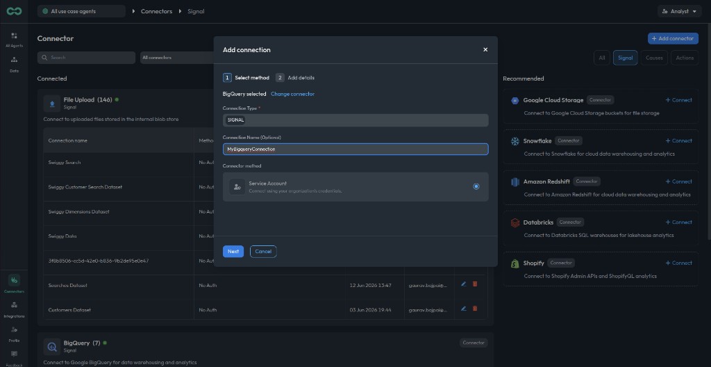 Select Service Account as the connector method
