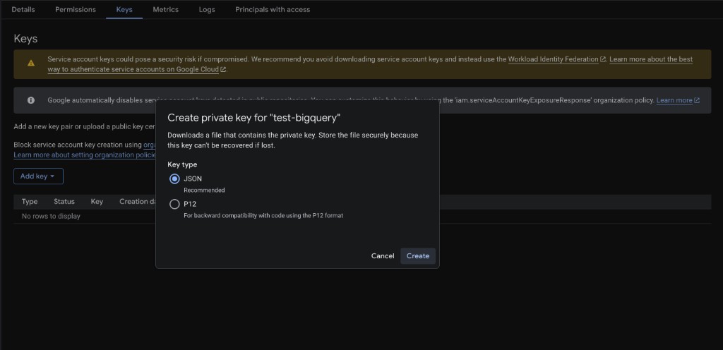Select JSON as the private key type