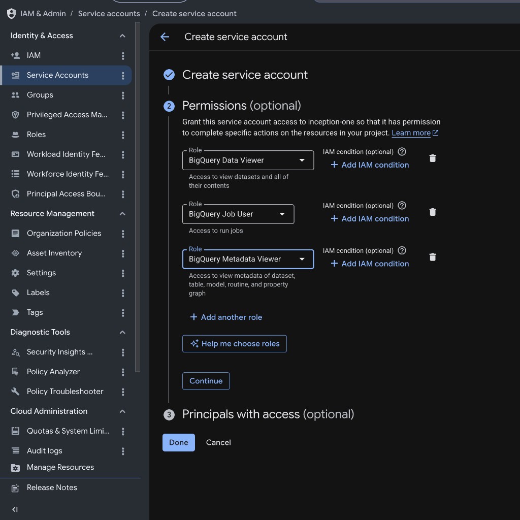 Grant BigQuery roles to the service account