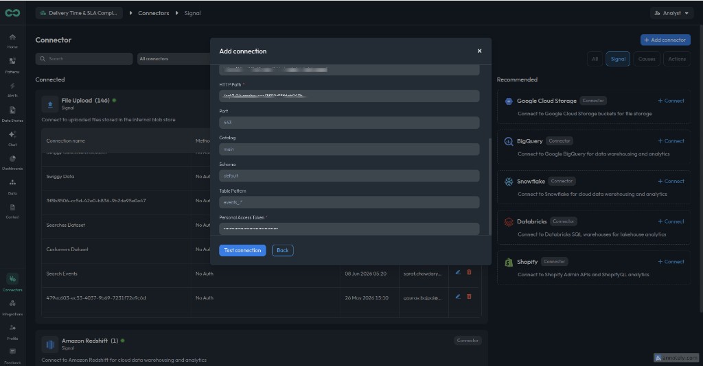 Filled Databricks API key connection form