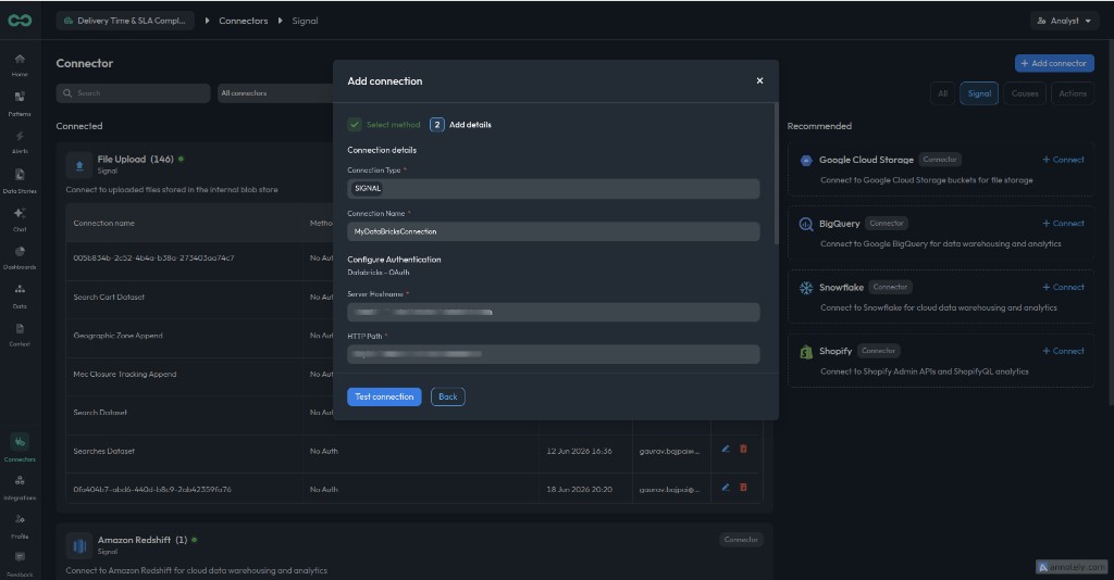Databricks OAuth connection details form