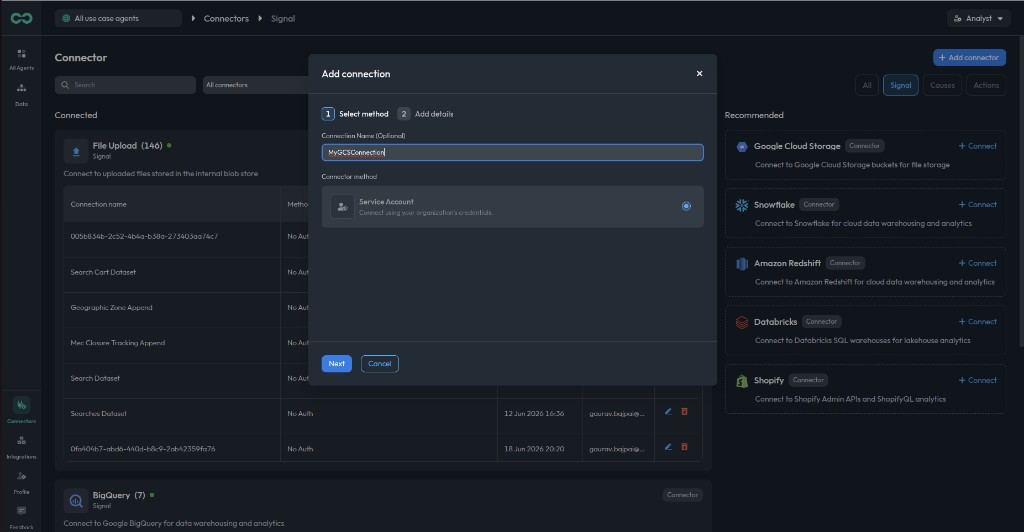 Select Service Account as the connector method