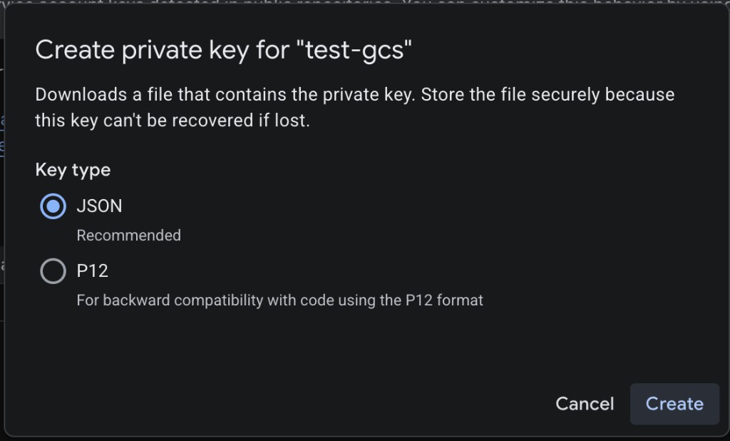 Select JSON as the private key type