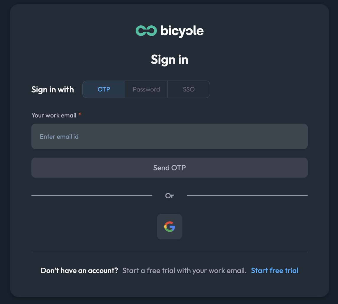 Bicycle sign-in page with OTP, Password, and SSO options