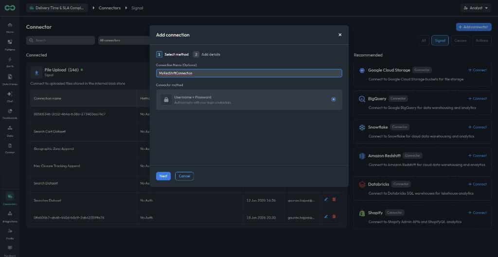 Select Username + Password as the connector method