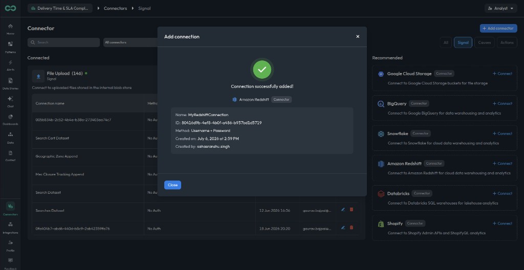 Redshift connection successfully added