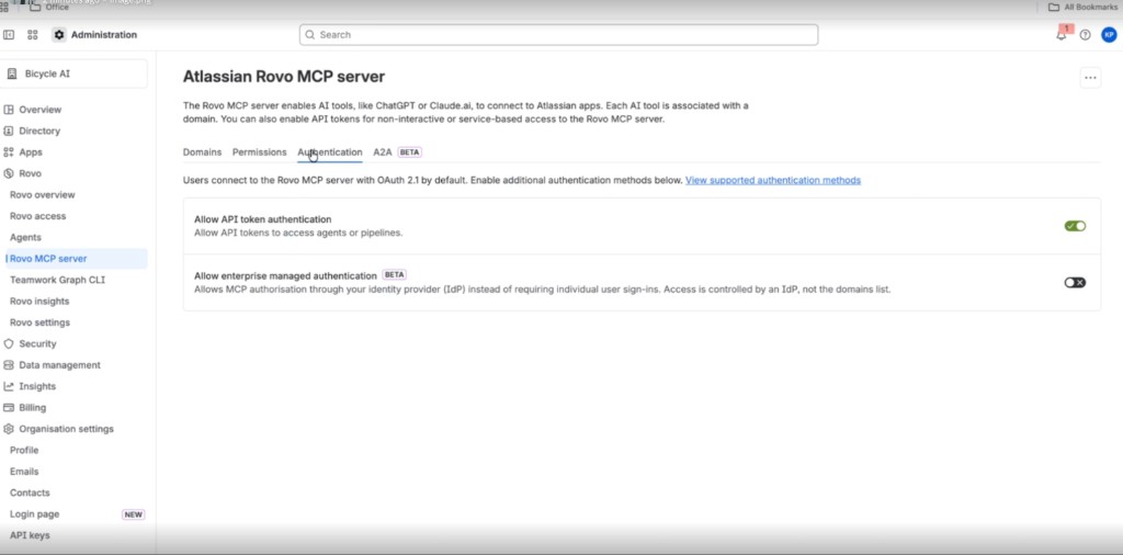 Allow API token authentication on Atlassian Rovo MCP server Authentication tab