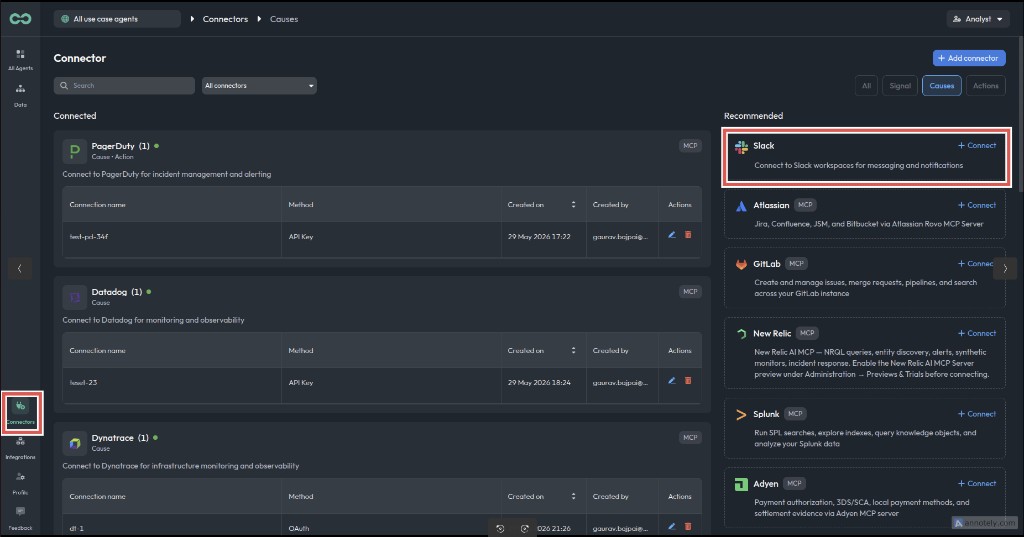 Navigate to the Slack connector in Bicycle