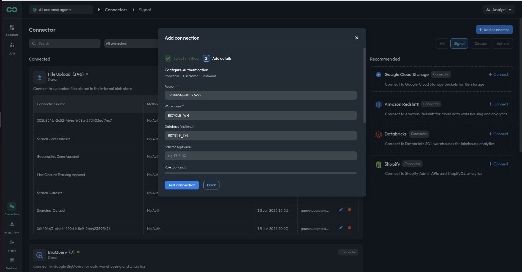 Snowflake connection details form with Username + Password
