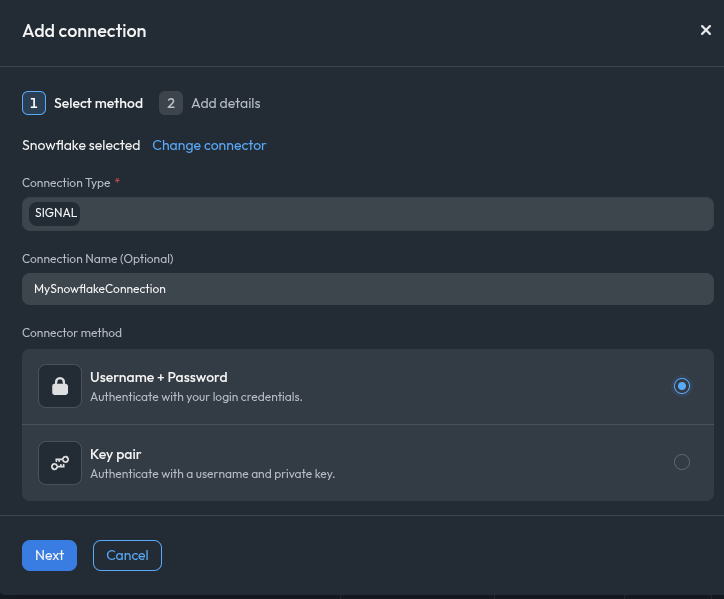 Select Username + Password as the connector method