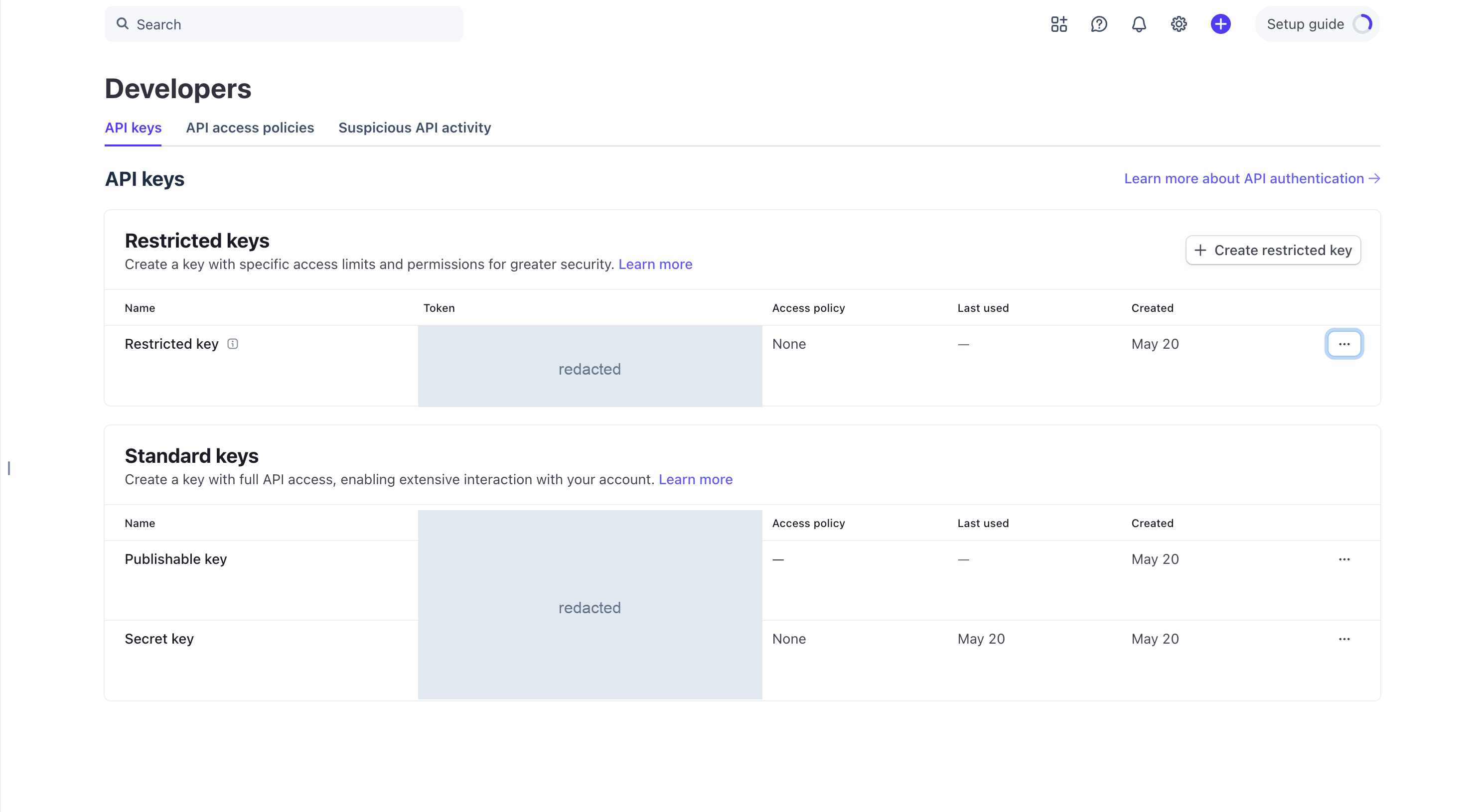 Stripe Developers API keys page showing Restricted keys and Standard keys