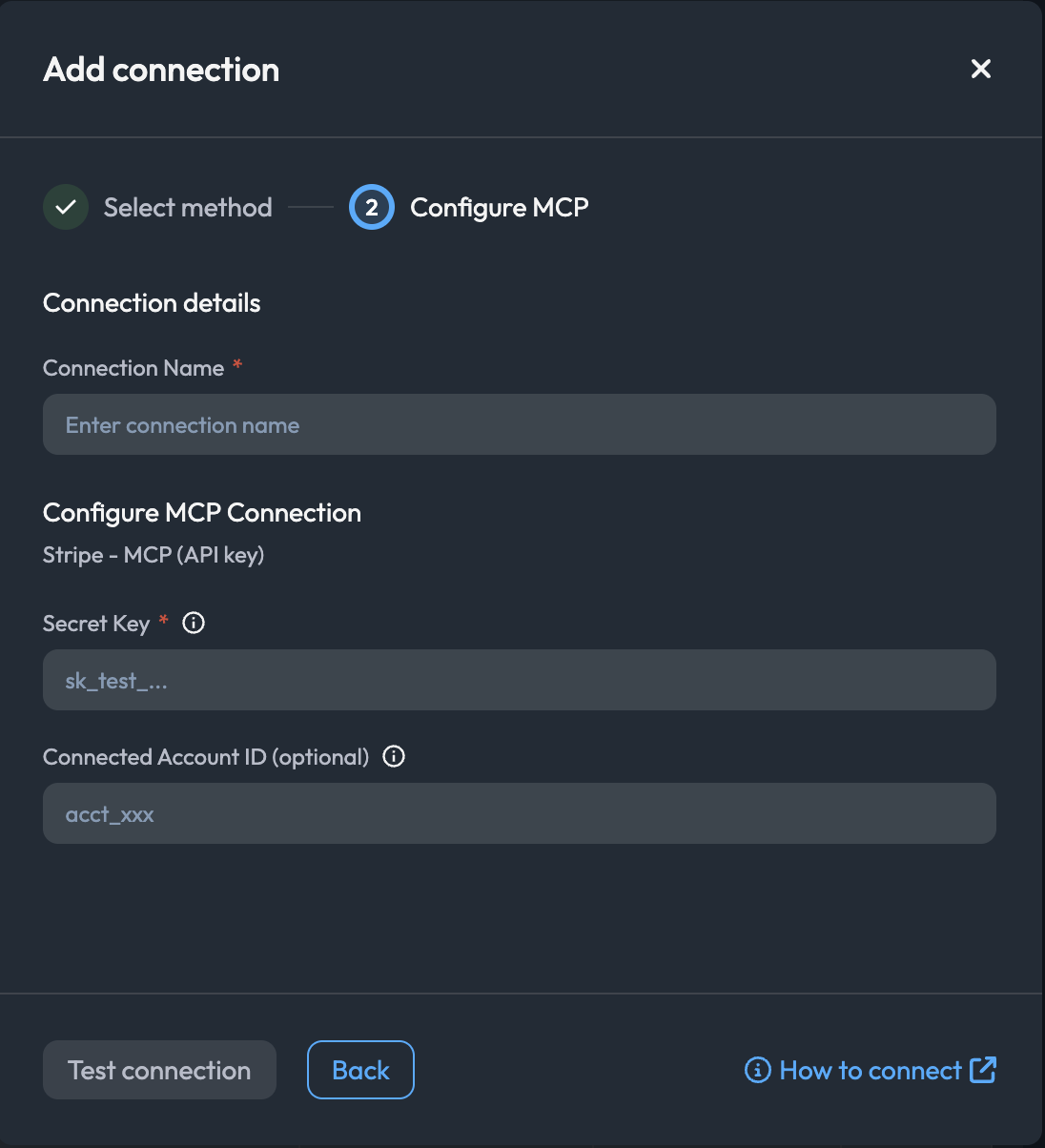 Configure MCP Connection step for Stripe with the Secret Key and Connected Account ID fields