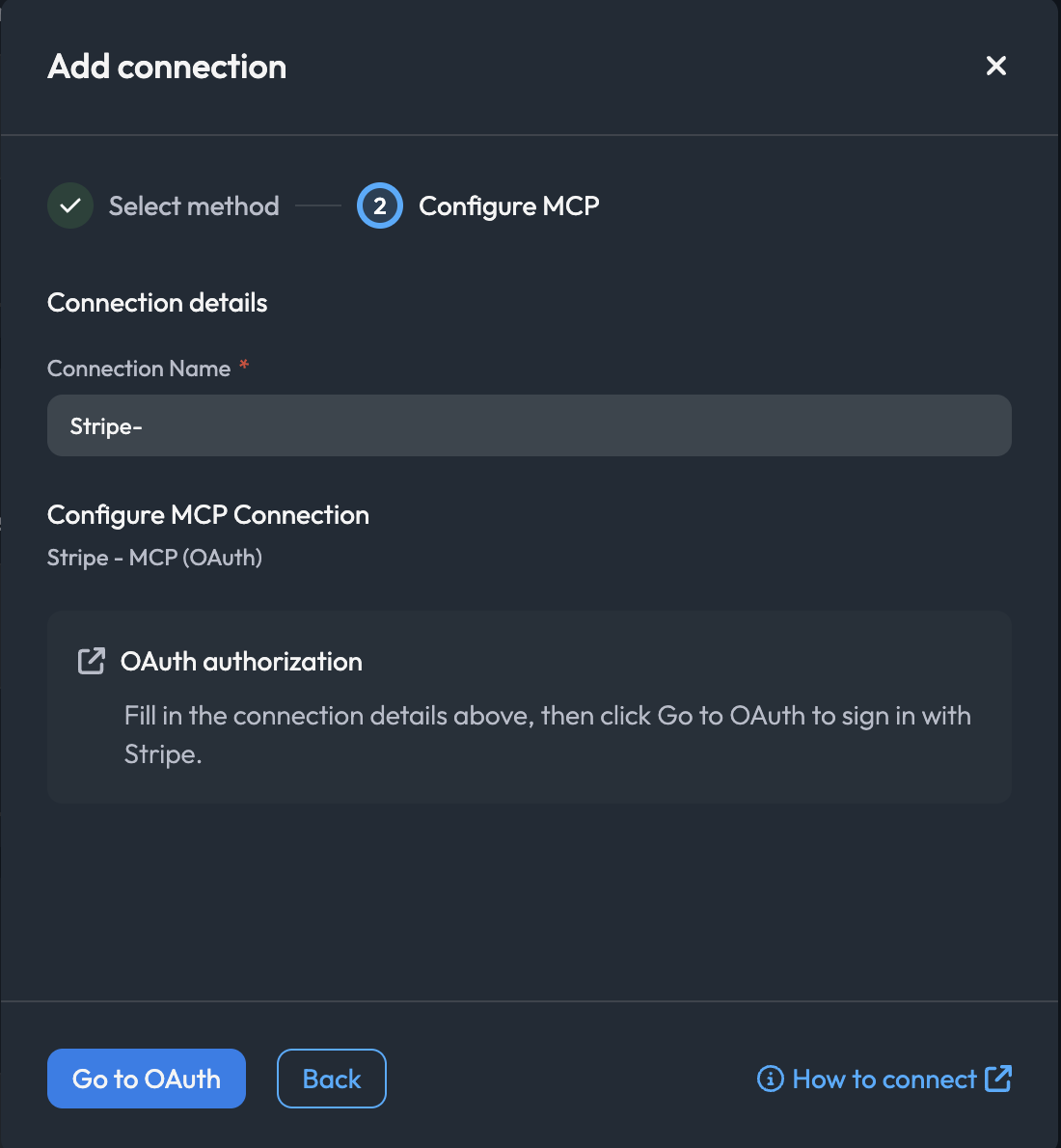 Configure MCP Connection step for Stripe with OAuth selected