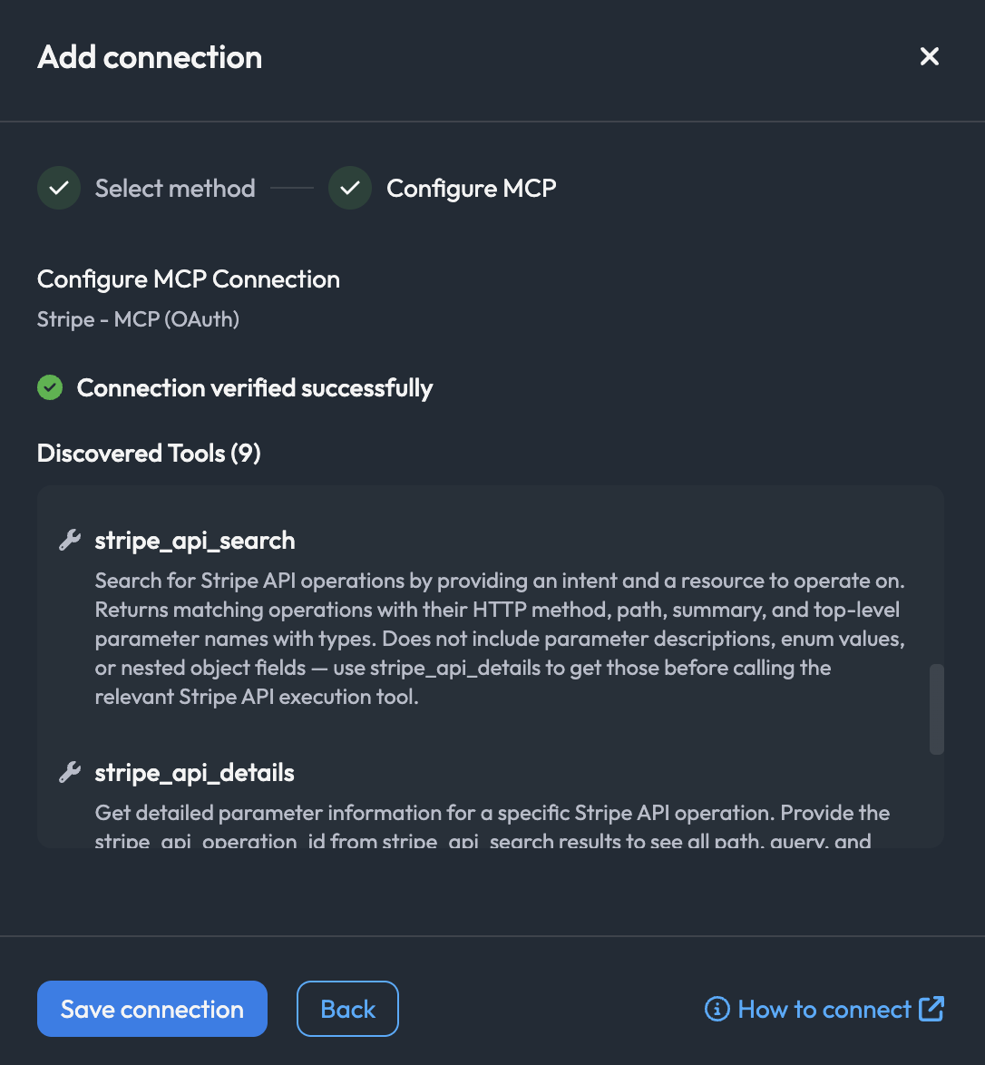 Stripe OAuth connection verified successfully with discovered tools