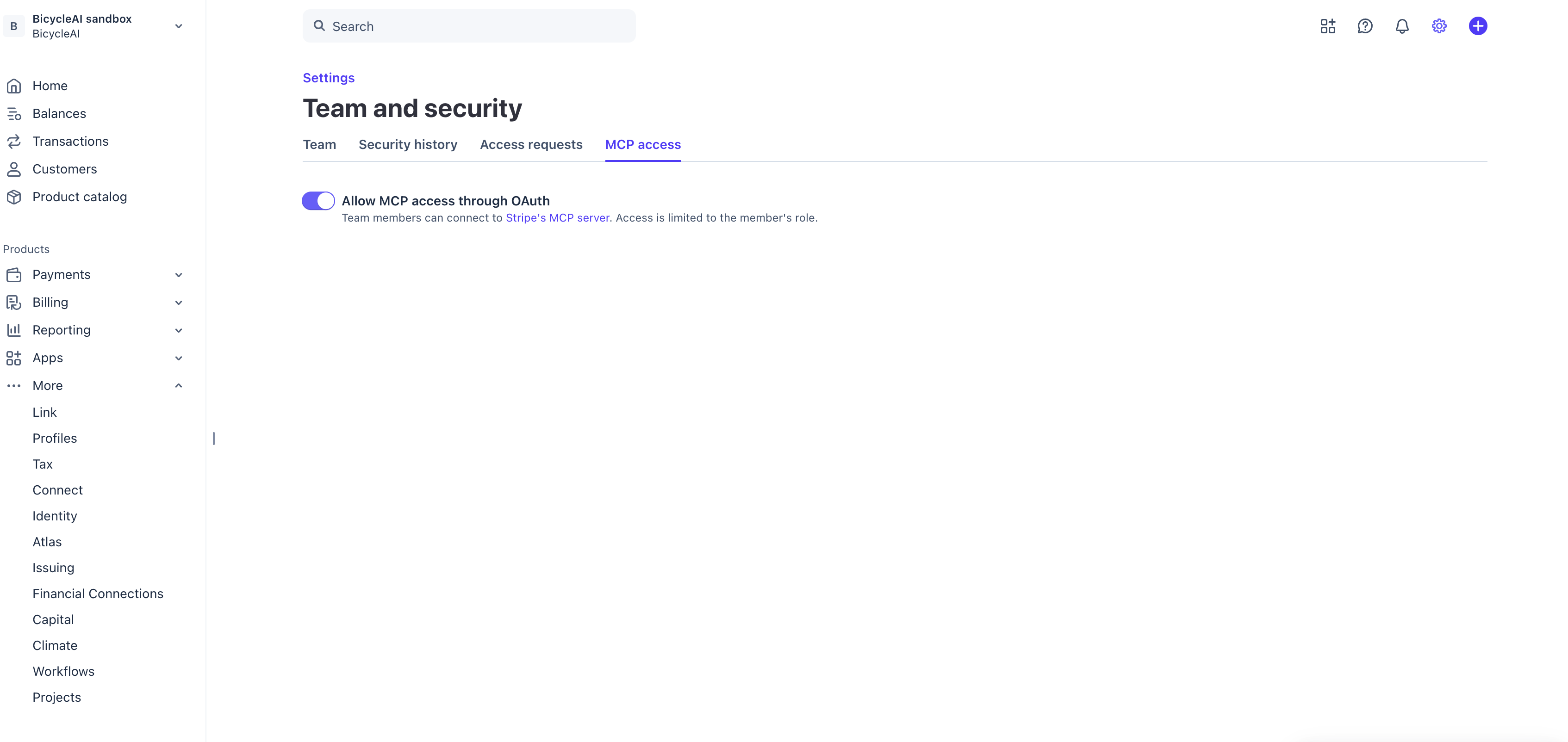 Allow MCP access through OAuth on the Stripe Team and security settings page